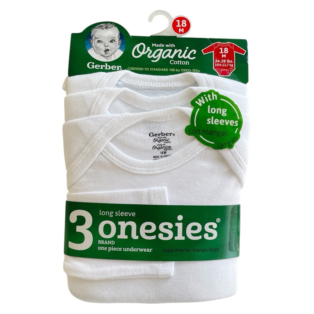 Gerber Organic 3 Long Sleeve Onesies, white - Picture 10 of 11